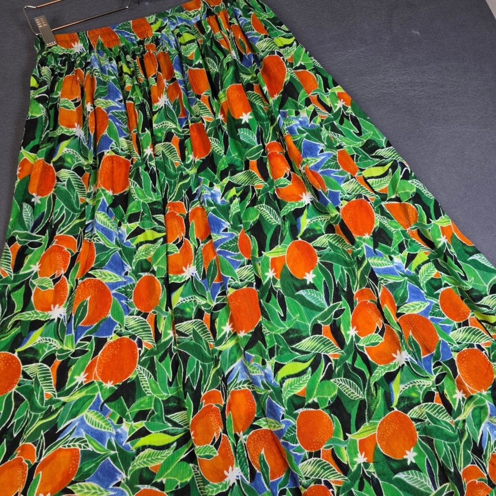 Gypsie Blu Maxi Skirt Womens Small Green Orange Fruit Print Rayon Tassel Lined